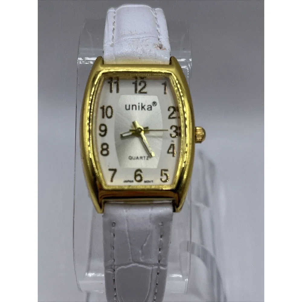 Unika Women's Quartz Watch Gold Tone Case White‎ Leather Band- New Battery